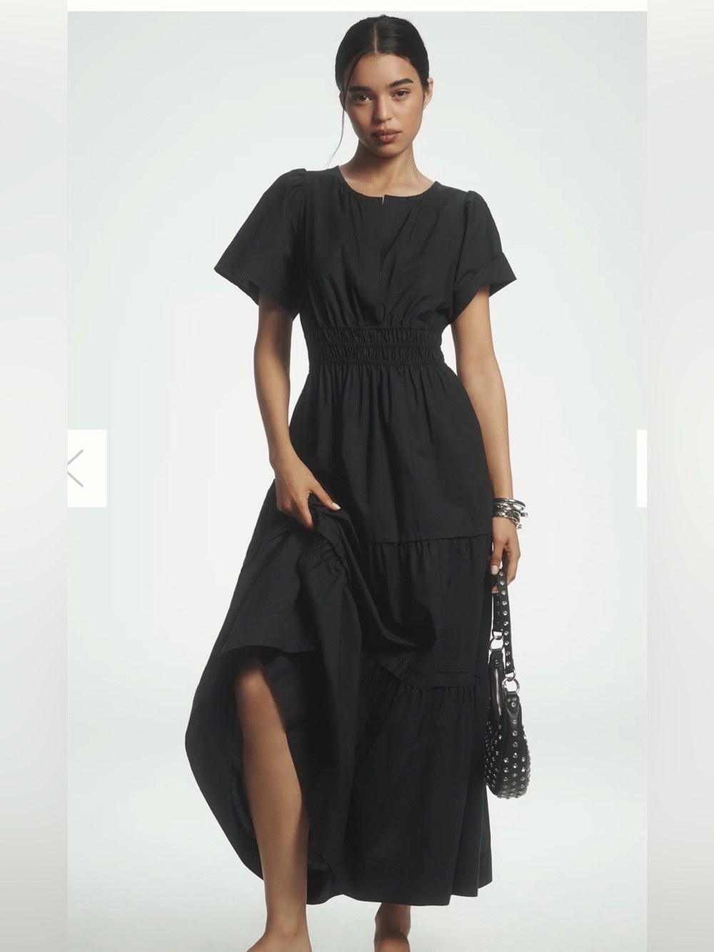 Anthropologie The Somerset Black Cotton Poplin Smocked Tiered Maxi Dress Size M